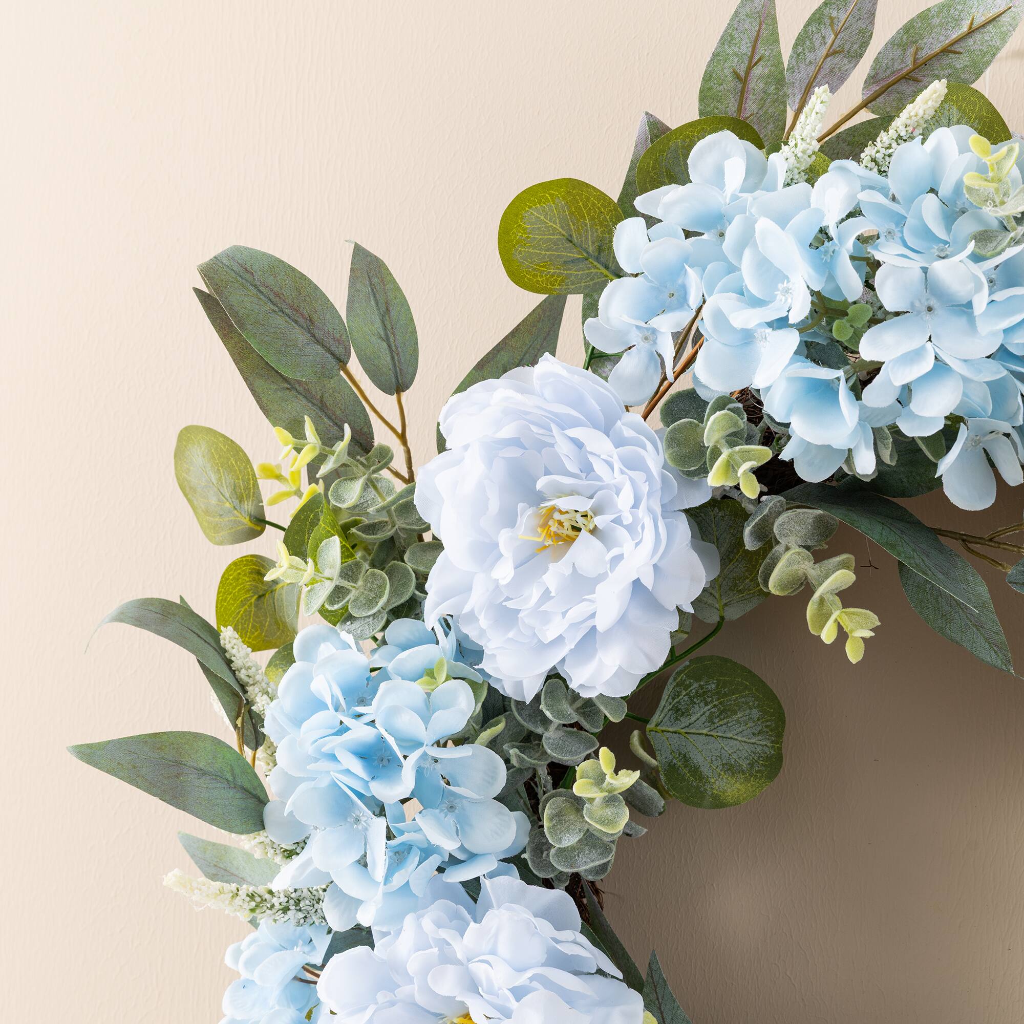 Glitzhome® 24" Blue Peony & Hydrangea Floral Wreath with Black Metal Hanger